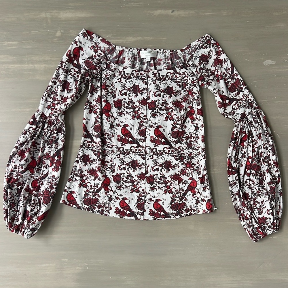 Caroline Constas Gisele Printed Birds Blouse Top Red White - Small